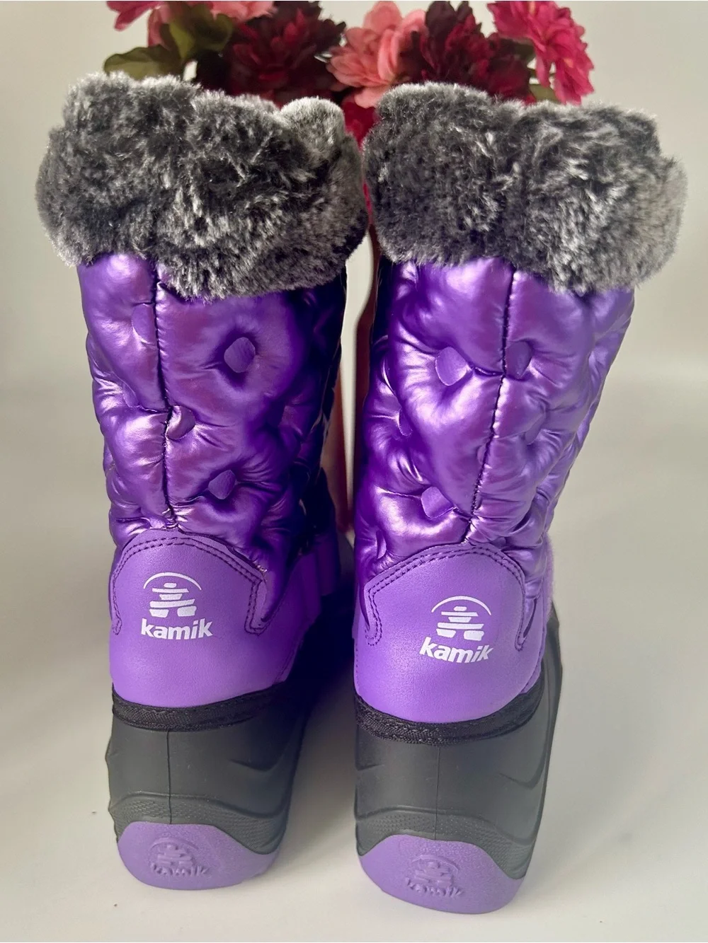 Kamik Purple Quilted Kids Waterproof Winter Boots with Faux Fur Cuff
